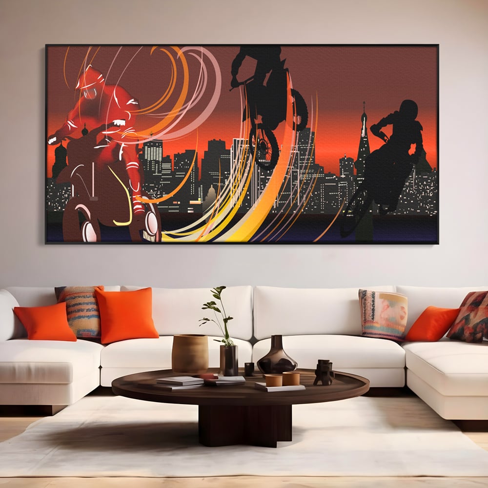 Tablou canvas cu ilustratie cu motociclisti si oras, in rama de aluminiu negru, pe perete intr-un living